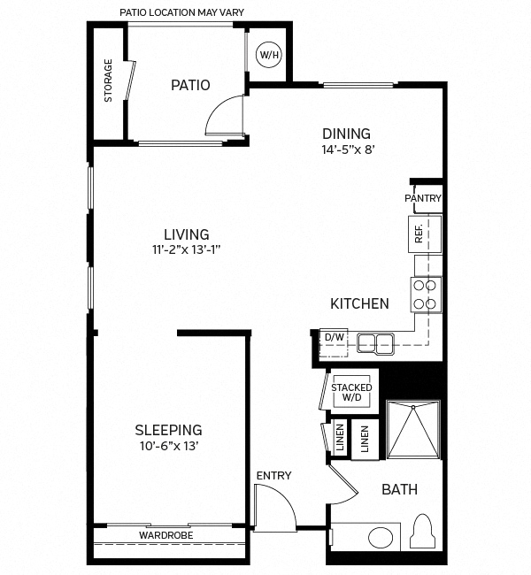 Floor plan for 1 bed, 1 bath, 780 sqft